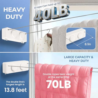 Retractable Clothesline Indoor Outside Heavy-Duty, Upgrade 304 Double Stainless Steel Shower Room Clothes line, Fit Rv Balcony Courtyards Indoor Drying Rack Clothesline, 13.8ft - style: white