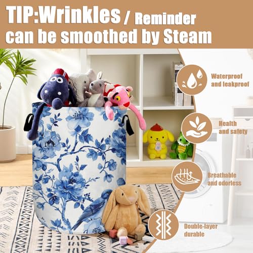 Blue Flower Bird Laundry Basket, Foldable Waterproof Laundry Hamper Tote Bag Dirty Clothes Storage Bucket Organizer for Bathroom/Laundry/Bedroom 15.7"x19.6" - color: Blue Bird Flower