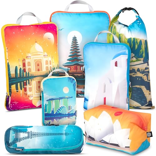 TRIPPED Travel Gear Large Compression Packing Cubes 7-Piece Set for Travel - color: Bucketlist