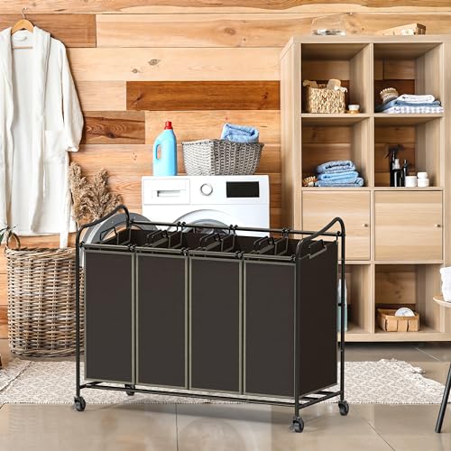 Simple Houseware 4-Bag Heavy Duty Laundry Sorter Rolling Cart, Brown - color: Bronze