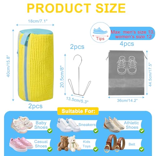 vorona Shoe Washing Machine Bag, 2PCS Reusable Shoe Bag for Washing Machine, 360° Deep Clean, Includes 4 Shoe Storage Dust Bags & 2 Drying Racks, XXL Laundry Shoe Bag for Sneakers Tennis Shoes, Yellow