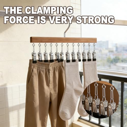 Wooden Rotating Pants Hanger, Closet Organizer with 12 Clips, Space Saving Hanging Clothes Legging Wardrobe Organizer for Jeans, Hats, Shorts, Socks (Brown+Nature, 2Pack)