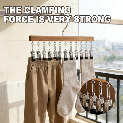 Wooden Rotating Pants Hanger, Closet Organizer with 12 Clips, Space Saving Hanging Clothes Legging Wardrobe Organizer for Jeans, Hats, Shorts, Socks (Brown+Nature, 2Pack)