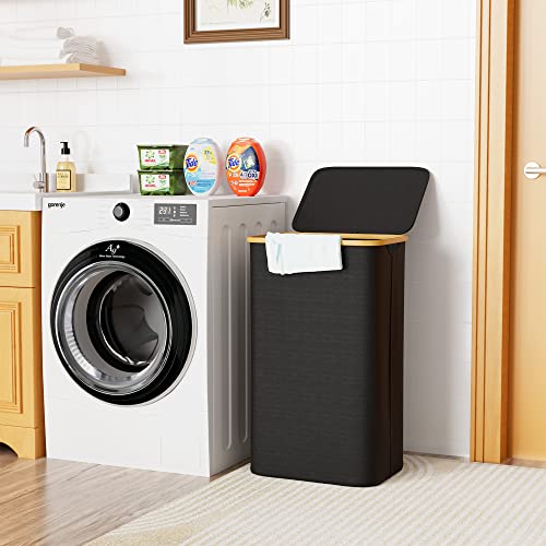 SUOCO Laundry Basket with Lid, 29 Gal (110L) Clothes Hamper with Bamboo Handles, Large Foldable Laundry Hamper for Bedroom, Bathroom, Dorm, Laundry Room - Black - color: Black, size: 110L without wheels