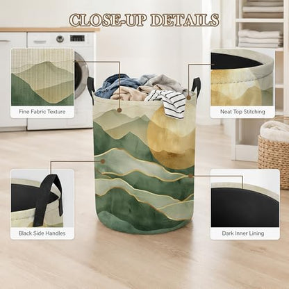 Laundry Hamper, Green Mountains Collapsible Golden Sun Laundry Baskets Waterproof Oxford Cloth With Handles, Clothes Storage Bucket For Bathroom/Bedroom 16" x 20.8" - color: Green Mountains