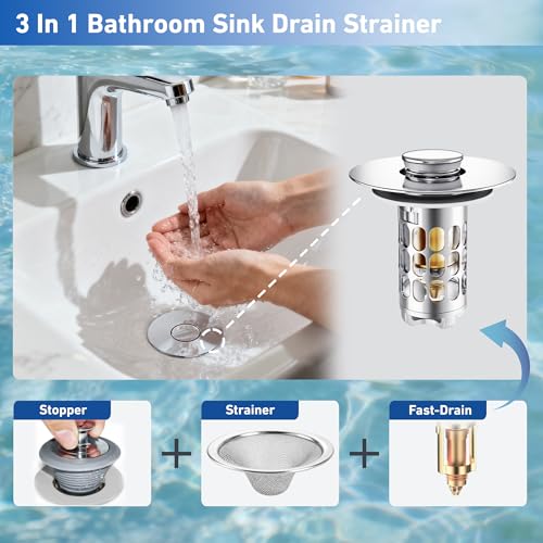 [2 Pack] Universal 3 in 1 Bathroom Sink Stopper, All Metal Pop-Up Bathroom Sink Drain Strainer with Removable Brass Basket Hair Catcher, Sink Plug for 1.1 to 1.6in Drain Holes