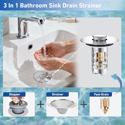 [2 Pack] Universal 3 in 1 Bathroom Sink Stopper, All Metal Pop-Up Bathroom Sink Drain Strainer with Removable Brass Basket Hair Catcher, Sink Plug for 1.1 to 1.6in Drain Holes