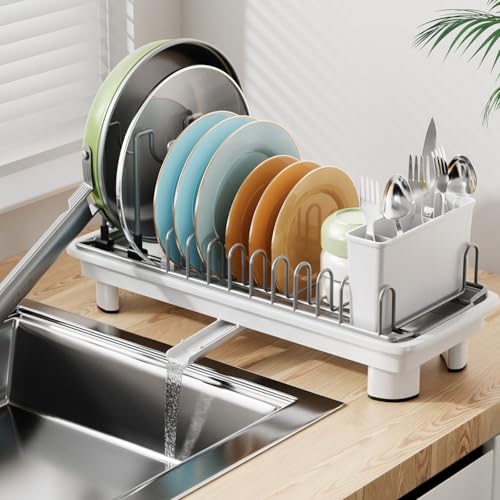 Laveshop Small Dish Drying Rack, Compact Dish Drainer for Kitchen Counter, with Adjustable Back Slots, Space-Saving for Small Kitchens, White - color: White