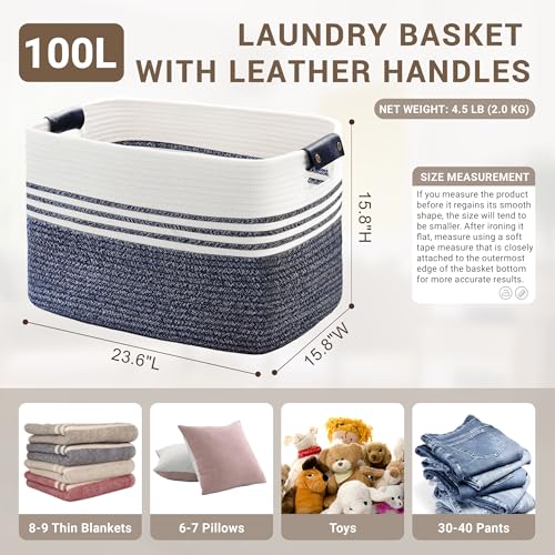 100L Woven Laundry Basket Hamper with Leather Handles,Denim Blue - color: Denim Blue, size: 100L