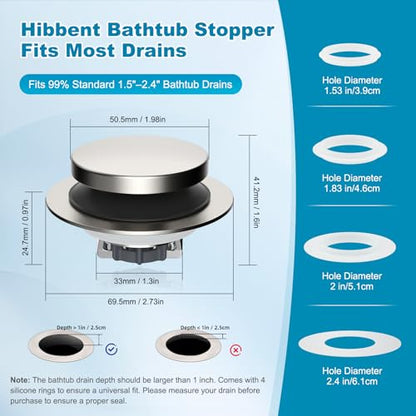 Hibbent 3 in 1 Metal Bathtub Drain Stopper, Universal Pop Up Tub Stopper - color: Brushed Nickel