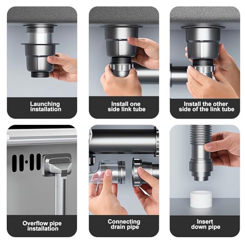 Double Sink Drain Kit Space Saving Kitchen Sink Drain Kit Expandable Flexible 1 1/2" P-Trap Pipe 3-1/2 Inch Sink Drain Assembly Kit with 4-Way Fitting Adapter for Dishwasher - size: Double Sink Drain Kit