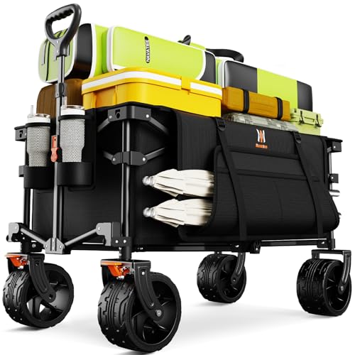 Navatiee Big Wheels Collapsible Wagon Cart Foldable, Heavy Duty Beach Wagon with Silent All-Terrain Wheels, Folding Utility Grocery Cart with Side Pocket and Brakes for Camping Garden Sports, Black - color: Black, size: 140L