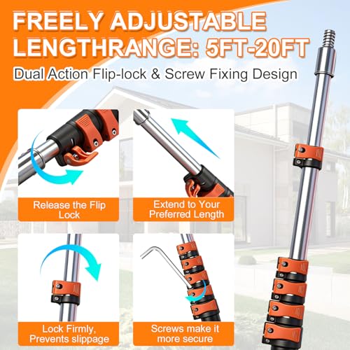 26FT High Reach Duster Kit with 5-20FT Flip-Lock & Screw Dual Locking Extension Pole, Cobweb Duster, Washable Ceiling Fan Cleaner & Window Squeegee for Glass & High Roof - size: 5-20FT