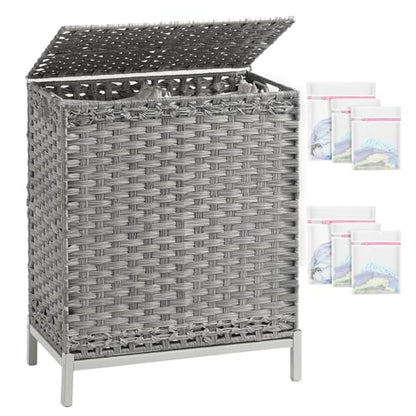 SETVSON Laundry Hamper with Lid, 112 L Handwoven PE Rattan Wicker, Gray - color: Gray, size: 112 L - 29.6 gal