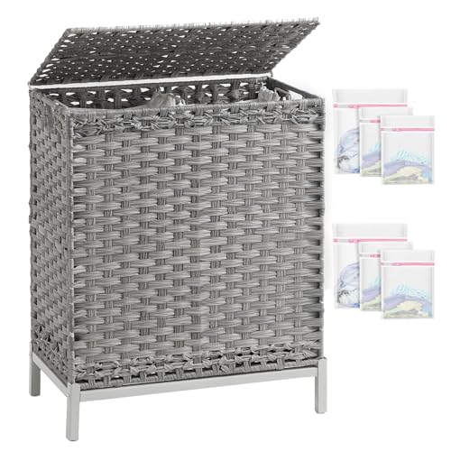 SETVSON Laundry Hamper with Lid, 112 L Handwoven PE Rattan Wicker, Gray - color: Gray, size: 112 L - 29.6 gal