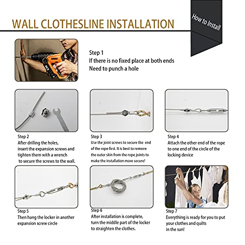 MHY 32Ft Heavy Clotheslines,Outdoors 304 Stainless Steel Clothes Line,Heavy Duty Cable Wire Rope with Retractable System，Windproof Clothes Rope for Outdoor/Indoor/Home/Drying/Curtain Hanging - size: 32ft