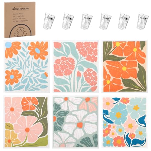 6 Pack Swedish Dishcloths for Kitchen,Abstract Floral Dish Towel with Clip - color: Pink Abstract Floral