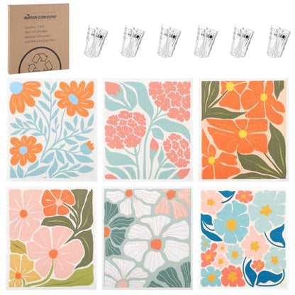 6 Pack Swedish Dishcloths for Kitchen,Abstract Floral Dish Towel with Clip - color: Pink Abstract Floral