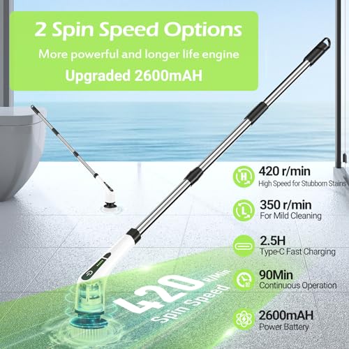 Electric Spin Scrubber, Cordless Bathroom Tub Scrubber with Long Handle & 7 Replaceable Cleaning Heads, Extension as Short Handle, Portable Power Shower Brush Household Tools for Tile Floor