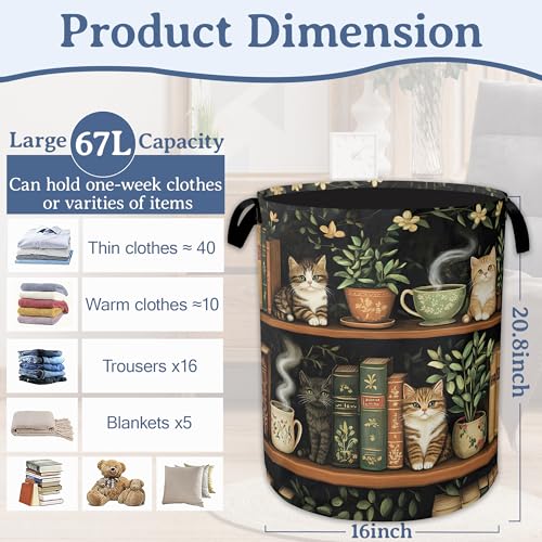 Cute Cat Laundry Basket,Foldable Oxford Cloth Bookshelf Laundry Hamper With Handle, 20.8"x16" Portable Clothes Storage Basket Bag for Laundry Room/Bathroom/Bedroom/Dormitories - color: Cute Cat Bookshelf