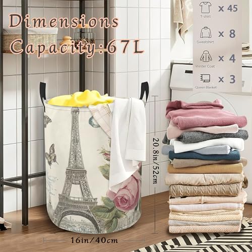 Eiffel Tower Butterfy Laundry Basket with Handles,Pink Rose Waterproof Clothes Organizer Bin Collapsible Storage Basket for Bedroom Bathroom Dorm Room 16" x 20.8" - color: Eiffel Tower Butterfy Pink Rose