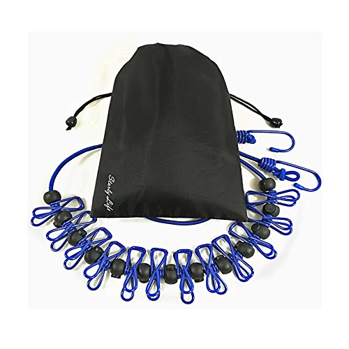 Adjustable Elastic Clothesline with Clips and Positioning Balls Portable Retractable Windproof Laundry Hanging Rope Anti-Skid Washing Line with Drawstring Bag (Dark Blue) - color: Dark Blue
