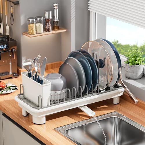 Small Dish Drying Rack, Stainless Steel with Drain Board & Utensil Holder - color: White