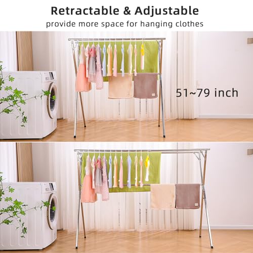 funest Drying Rack Clothing, 79 Inches Adjustble & Foldable Laundry Drying Rack, Heavy Duty Stainless Steel Clothes Drying Rack with 20 Hooks, 12 Clips, Suitable for Indoor, Outdoor and Balcony