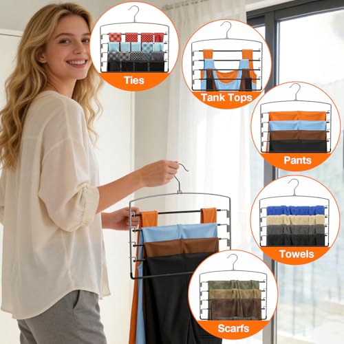 Korpai 6-Pack Pants Hangers Space-Saving Multi-Layer,150° Rotate Metal Swing Arm Non Slip Rubber Coating,Closet Organizers and Storage 360 Swivel Top Hook for Jeans,Trouser,Slacks,Skirt,Scarfs,Towels