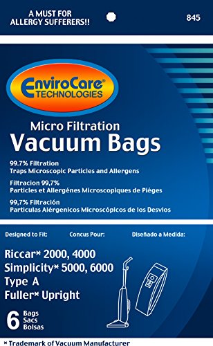 EnviroCare Replacement Micro Filtration Vacuum Cleaner Dust Bags Made to fit Riccar 2000, 4000 and Vibrance Series. Simplicity 5000, 6000 and Symmetry Type A 6 pack