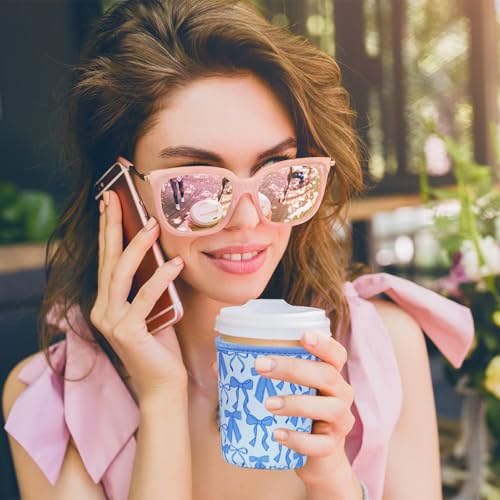 Reusable Insulated Sleeve for Iced Coffee Cup, Coffee Neoprene Sleeve for Cold & Hot Drinks, Beverage Holder for Iced Coffee (Blue Bows, Small: 16-18oz) - color: Blue Bows, size: Small: 16-18oz