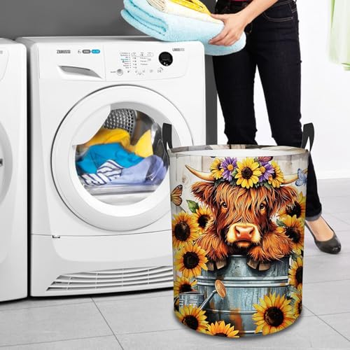 Highland Cow Laundry Basket-13.8x17.7in Sunflower Oxford Laundry Hamper - color: Sunflower Highland Cattle