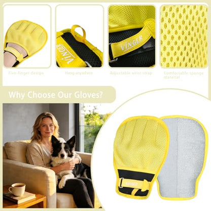 VINGER Pet Hair Removal Glove for Cats & Dogs, Electrostatic Pet Hair Gloves with Adjustable Wristband, Five-Finger Magic Brush Remover Tool for Laundry, Carpet, Couch, Car Seats & Clothing (Yellow) - color: Goldfinch