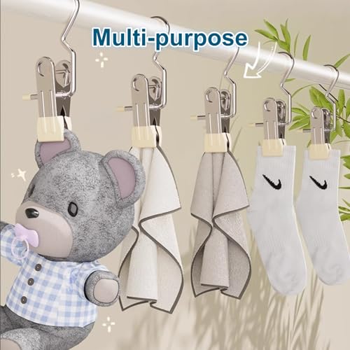 20 Pcs Stainless Steel Multi-Function Hanger Clips – Portable Hooks for Laundry Hanging & Closet Storage, Compatible with Boots, Socks, Pants, Hats, Handbags, Towels, Bras