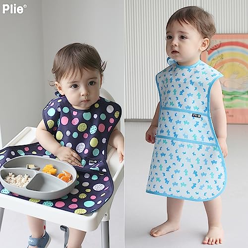 Plie Full Coverage Waterproof Feeding Bib for Toddlers – Extra Long Apron Bib for Mealtime, Self-Feeding, High Chairn - color: Beige Star