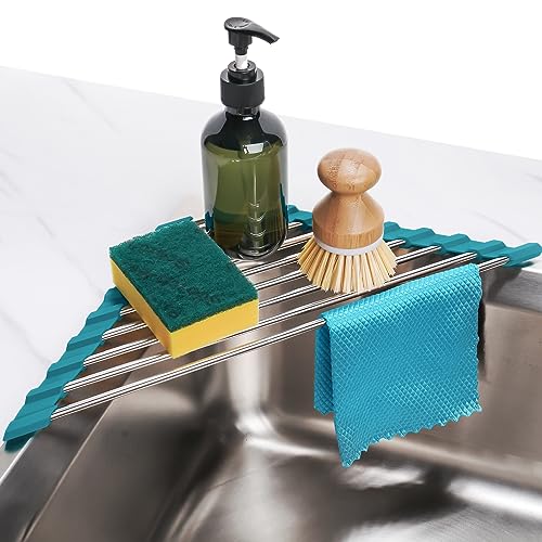 Tomorotec Triangle Roll-Up Dish Drying Rack for Sink Corner Small Foldable Stainless Steel Over The Sink Multipurpose Kitchen Drainer Caddy Organizer Storage Shelf Holder (Dark Green) - color: Dark Green