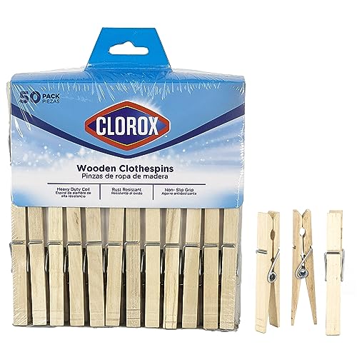 Clorox Wood Clothespins with Spring – Value Pack Set of 50 | Rust Resistant, Heavy-Duty Coil, Non-Slip Grip for Line Drying Laundry, Chip Clips, Crafts, 50 Pack - size: 50 Pack