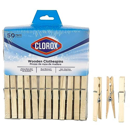 Clorox Wood Clothespins with Spring – Value Pack Set of 50 | Rust Resistant, Heavy-Duty Coil, Non-Slip Grip for Line Drying Laundry, Chip Clips, Crafts, 50 Pack - size: 50 Pack