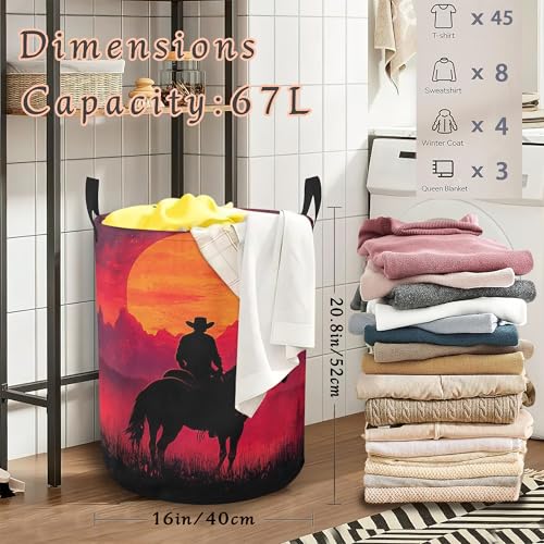 Western Cowboy Laundry Basket,Red Sun Foldable Oxford Cloth Laundry Hamper with Handles Waterproof Dirty Clothes Storage Basket for Bathroom Bedroom Dorm Room 16" x 20.8" - color: Western Cowboy Red Sun