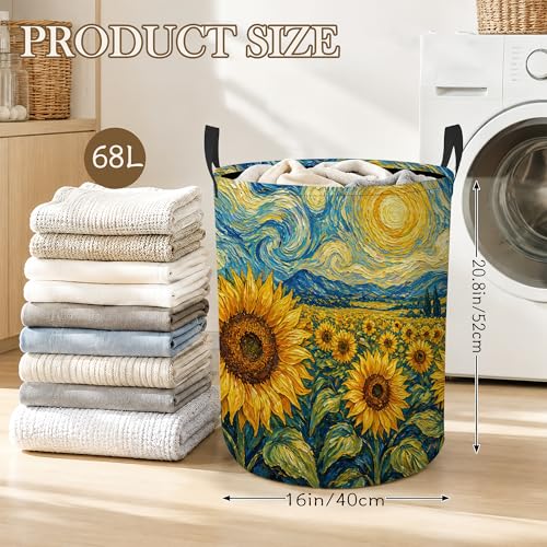 Sunflower Field Laundry Basket, Foldable Oxford Cloth Starry Sky Laundry Hamper with Handles, Tote Bag Clothes Storage Bucket for Laundry Room/Bathroom/Bedroom/Dormitories 20.8"x16" - color: Sunflower Field