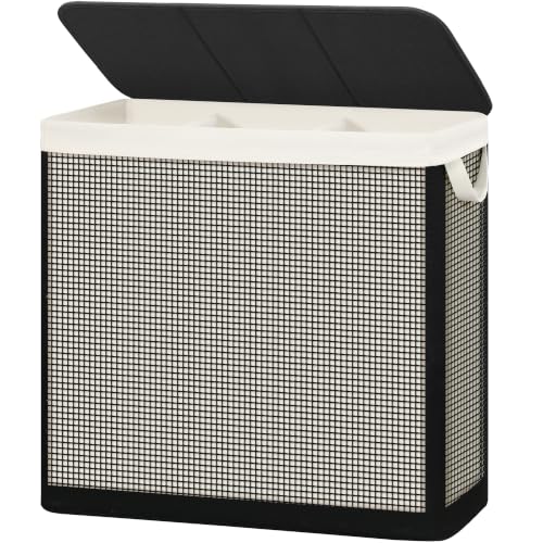 STO STO 3 Section Laundry Hamper with Lid, 180L Steel-Frame 3 Compartment Laundry Sorter with Removable Washable Liner, Breathable Large Laundry Basket for Bedroom, Bathroom, Laundry Room, Dorm - size: 3-Section