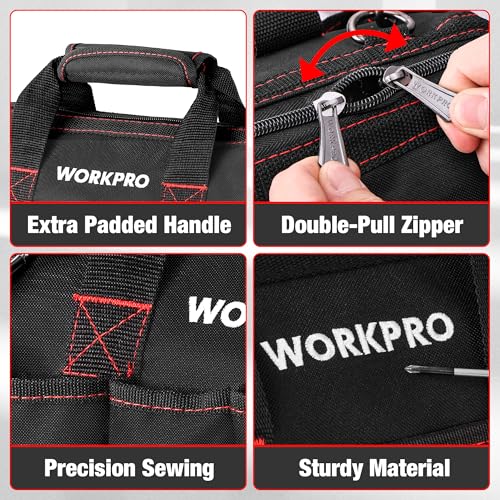 WORKPRO 14-inch Tool Bag, Multi-pocket Tool Organizer with Adjustable Shoulder Strap, W081021A , black - size: 14 inches
