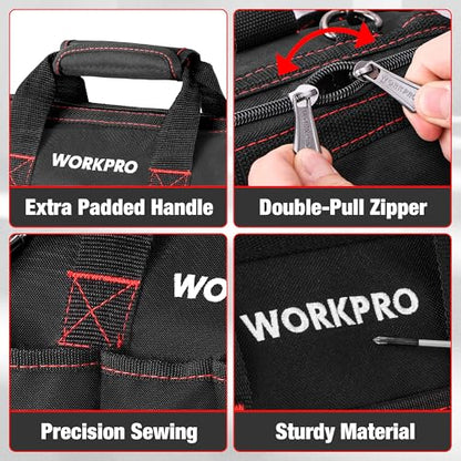 WORKPRO 14-inch Tool Bag, Multi-pocket Tool Organizer with Adjustable Shoulder Strap, W081021A , black - size: 14 inches