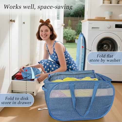 Upgraded 100L Extra Large Mesh Pop Up Laundry Hamper with Lid and Handles. XL Closet Storage Bins, Dirty Clothes Basket for Dorm Home, Foldable Laundry Basket. Blue. H - color: Navy