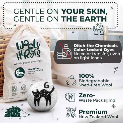 Chemical Free & Baby Safe! Reusable Wool Dryer Balls XL 6-Pack - Reduces Static, Cuts Dry Time, & Softens Naturally - color: Kitty & Friends