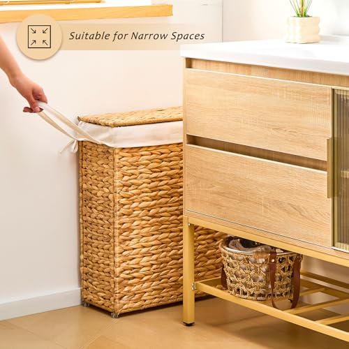 Slim Laundry Hamper with Lid, Handwoven Natural Water Hyacinth Basket - color: Natural, size: 65L