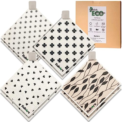 Eulnars Reusable Paper Towels, 8-Pack Swedish Dishcloths for Kitchen with 3 Clips, Black White, Cotton, 200 Washes - color: Black White