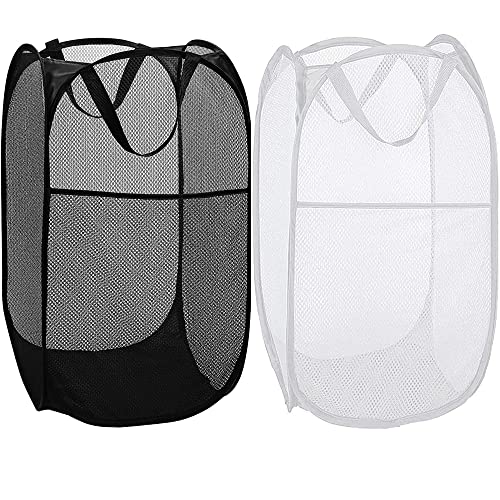 BATTOO Deluxe Strong Mesh Pop up Laundry Hamper Basket with Side Pocket for Laundry Room, Bathroom, Kids Room, College Dorm or Travel Black+White - color: Black+White