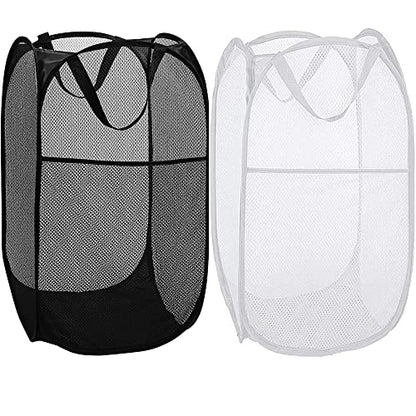 BATTOO Deluxe Strong Mesh Pop up Laundry Hamper Basket with Side Pocket for Laundry Room, Bathroom, Kids Room, College Dorm or Travel Black+White - color: Black+White