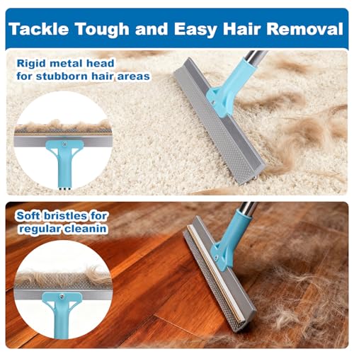 AIERSA Multifunctional Carpet Rake for Pet Hair Removal Tool 2 in 1 Metal and TPU Matted Carpet Scraper 54" Dog Hair Broom with Electrostatic Remover Glove for Couch Furniture Car